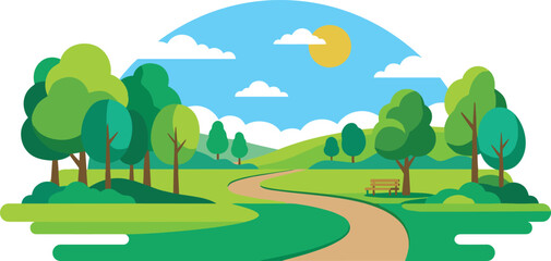 Obraz premium Beautiful park with a winding path, lush green trees, rolling hills, and a bright sunny sky