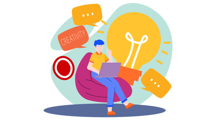 Person working on a laptop surrounded by creative thought bubbles © petrukjowodesign