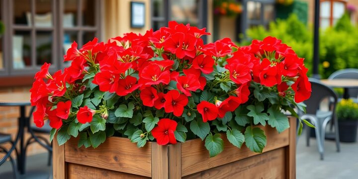 Vibrant red geraniums overflowing from a traditional wooden planter, adding color to an outdoor seating area, evoking European charm,  bright,  daylight
