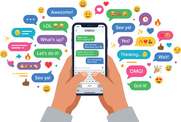 Fototapeta premium Hands holding a smartphone, surrounded by speech bubbles with various emojis and text messages, illustrating digital communication and social media interactions