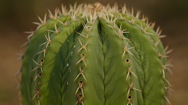 Close up photograph of a vibrant green cactus covered with sharp spikes