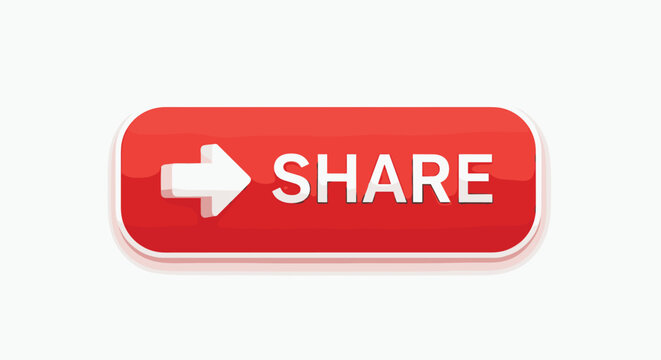 A glossy red rectangular button with rounded corners, displaying a white right-pointing arrow and the word SHARE, is centered on a plain white background.