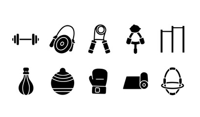 Gym equipment solid icon collection barbell weight jump rope fitball boxing vector set © Lipi