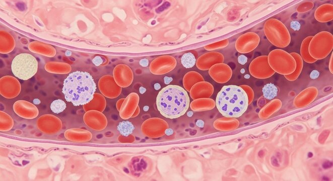 blood cells micrograph pink tissue with red and white cells platelets
