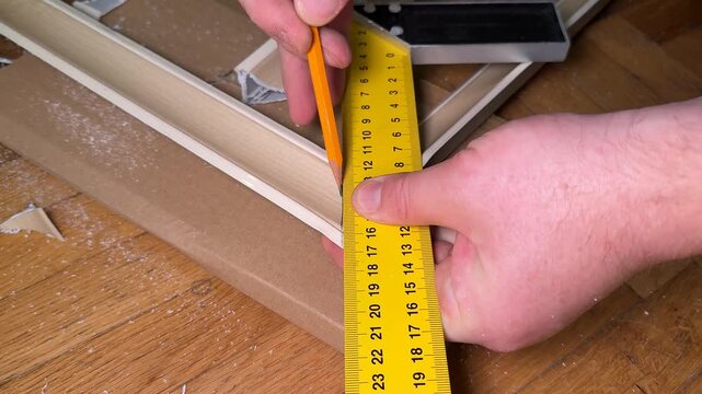 Hands measure a wooden board with a yellow tape beside a miter saw, sawdust on the workbench suggests active carpentry and careful home improvement