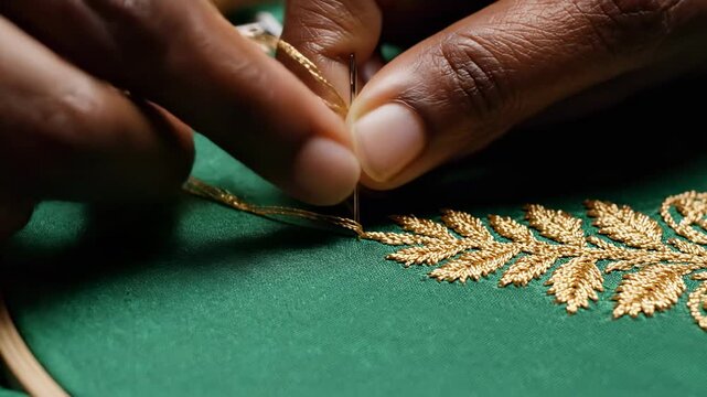 Close-up of hands embroidering gold thread on green fabric.