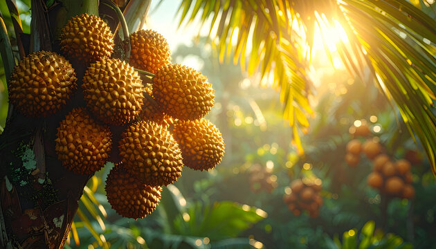 Ripe buriti fruits hanging from a Mauritia flexuosa palm in a tropical environment, highlighting exotic rainforest plants, natural biodiversity, and unique Amazon fruit.