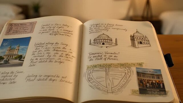 A traveler's journal of Paris, France, documenting a trip with writing and sketches