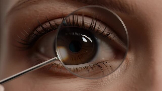 Extreme closeup of a human eye being examined with a magnifying glass