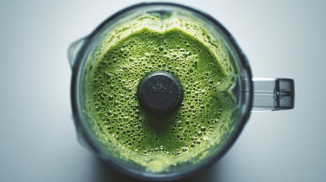 Overhead view of a green smoothie in a blender prepared for consumption