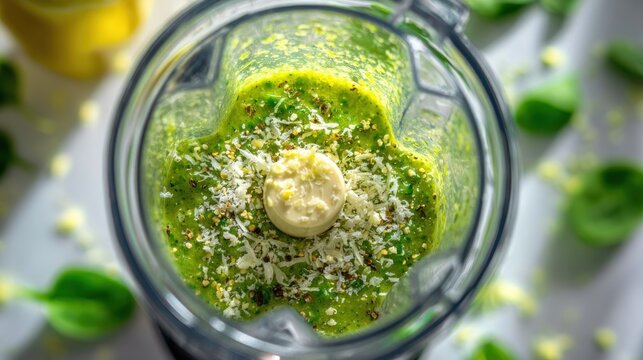 Fresh green smoothie in blender close up healthy eating concept