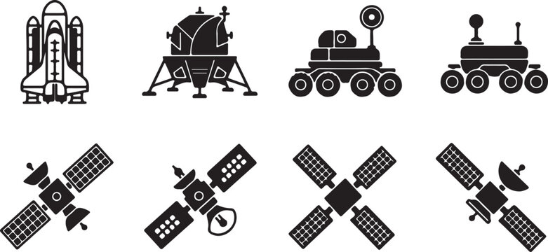 Space Mission Icons. Outline icon set of space mission vehicles: spacecraft, lunar module, rover, space capsule, shuttle, space