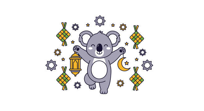 Festive Koala with Lantern and Crescent Moon for Eid Celebration.