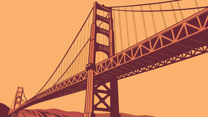 Fototapeta premium Iconic Suspension Bridge Architecture Seen From Below Against Warm Monochromatic Sky Background golden gate bridge