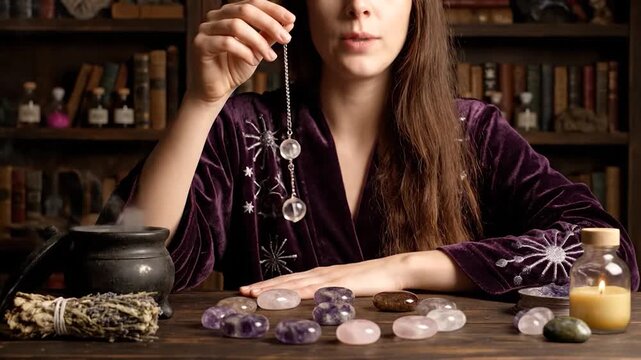 Woman holding a pendulum over a table with crystals and herbs