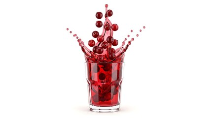 A glass of red liquid splashes with cherries erupting upwards.