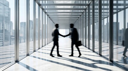 Fototapeta premium Wide Angle View of Male Executives Handshake in a Bright Office Hallway for B2B Marketing