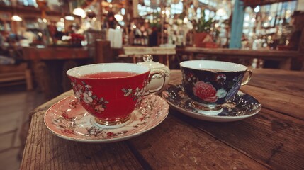 Fototapeta premium Elegant teacups on a wooden table with blurred background ideal for beverages