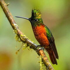 Fototapeta premium A vibrant hummingbird perches on a mossy branch