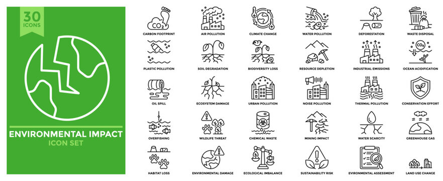 Environmental impact icon collection. Contains icons for air pollution, deforestation, industrial emissions, soil degradation, ocean acidification, habitat loss, wildlife threat and deforestation.