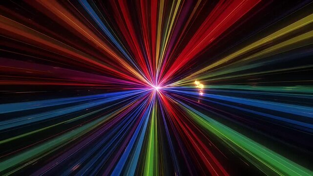 Dynamic burst of colorful light streaks emanating from a central bright point