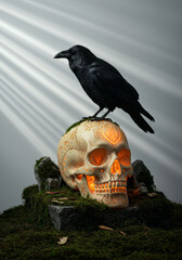 Fototapeta premium Black crow sitting on decorative skull with glowing orange interior, occult symbolism, gothic decor, eerie atmosphere, mystical lighting.
