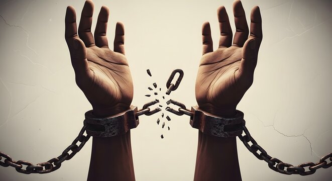 Hands breaking free from chains on a beige background