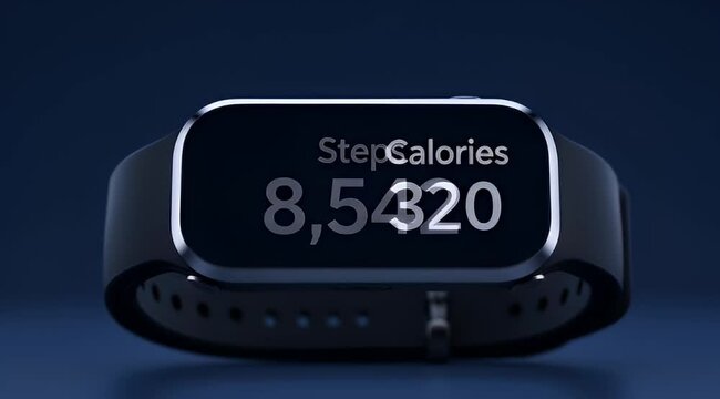 Closeup of a modern fitness tracker displaying step count and calorie data