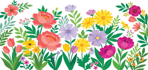 Obraz premium Colorful spring and summer flower border illustration. Vibrant peonies, tulips, and daisies with lush green foliage create a cheerful botanical design, perfect for decor
