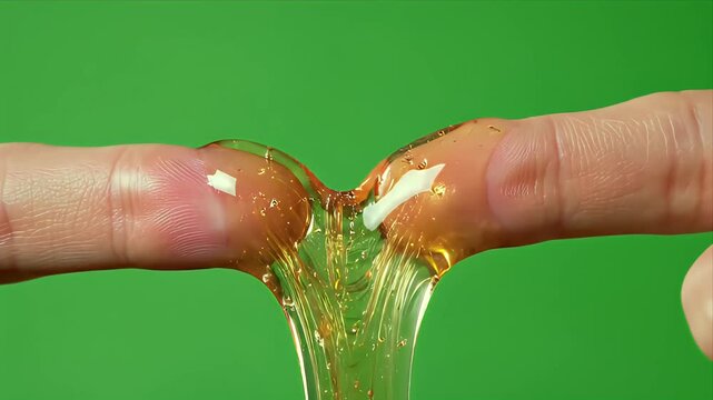 Close-up macro footage of golden viscous honey stretching between two fingers with glitter sparkles against a vibrant green screen background ideal for food advertising and product visualization