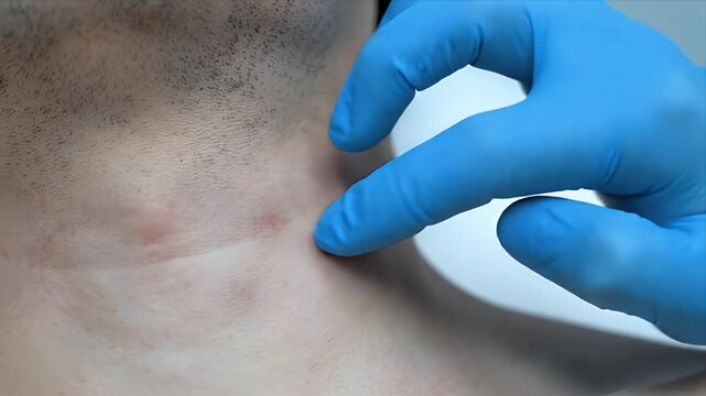 Close Up Macro of a Medical Professional Hand Wearing Blue Glove Examining a Man's Irritated Neck Skin with Red Blemishes for Dermatological Assessment