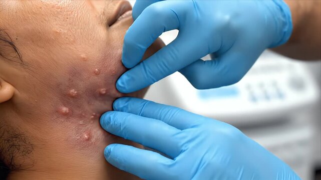 Close-up Macro Medical View of Dermatologist Examining Adult Male Jawline and Neck with Acne Pustules and Redness Under Blue Gloves and Soft Studio Lighting