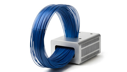 Blue cable coming out of a white plastic box isolated on white background