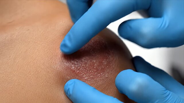 Close up Macro Shot of Adult Shoulder Showing Inflamed Skin Patch Examined by Hands in Blue Gloves Medical Dermatology Concept