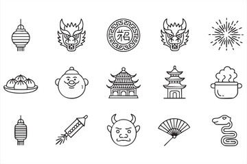 Traditional Chinese festival icons featuring lantern pagoda dumpling and fan © Icon Nest