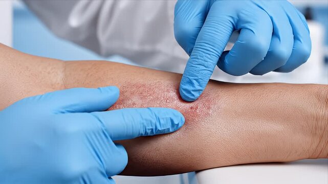 Close up Medical Examination of a Patient's Forearm Showing a Skin Rash and Dermatitis Condition Hand in Blue Glove Points to Red Irritated Area
