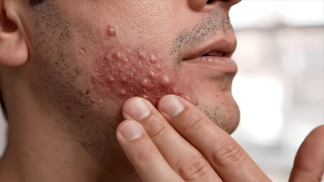 Close-up Medium Shot of Light-Skinned Adult Male Touching Inflamed Skin with Acne Breakout Showing Redness and Pustules Skin Care Problem Awareness
