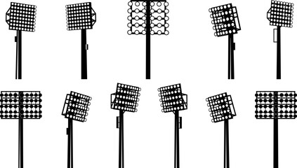Stadium Floodlights and Spotlight Tower Black Silhouette Vector Set, Sport Arena Lighting Fixtures and Night Game Equipment Graphic, Massive Lamp Mast and Outdoor Event Technology Icons. © Goutom