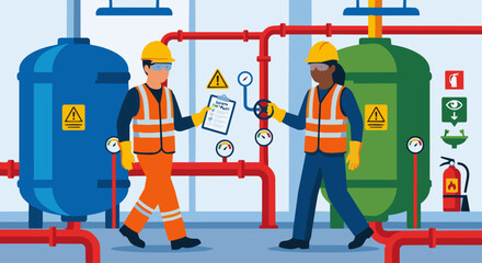 Fototapeta premium Chemical Engineer Safety InspectionFlat vector illustration of a chemical engineer performing a safety inspection in an industrial plant. Wearing protective gear and holding a checklist. Flat vector