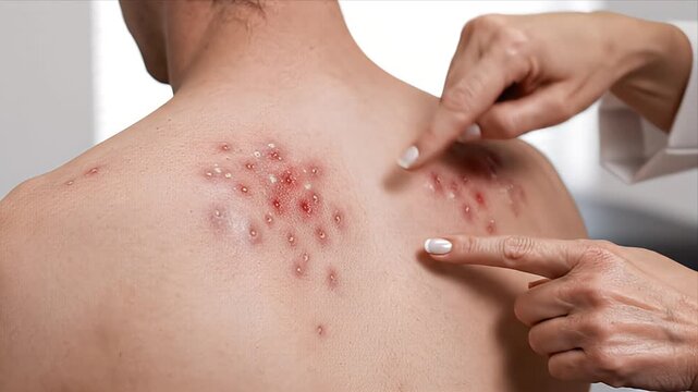 Close Up Of A Dermatologist Examining A Patient's Back With Inflamed Acne Lesions And Red Spots Showing Skin Condition And Medical Examination In A Clean White Studio Background