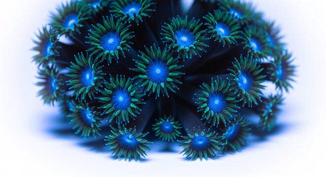 Macro shot of glowing blue and green zoanthid polyps on white background