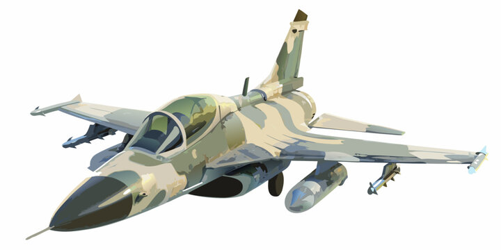 Stylized illustration of a military fighter jet in a dynamic pose