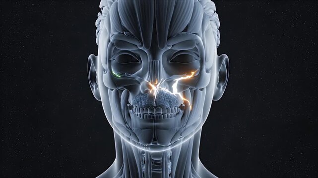 Detailed 3D CGI Medical Animation of Human Nasal Cavity and Sinuses with Glowing Neural Pathways on a Dark Starry Background Illustrating Neurological Activity