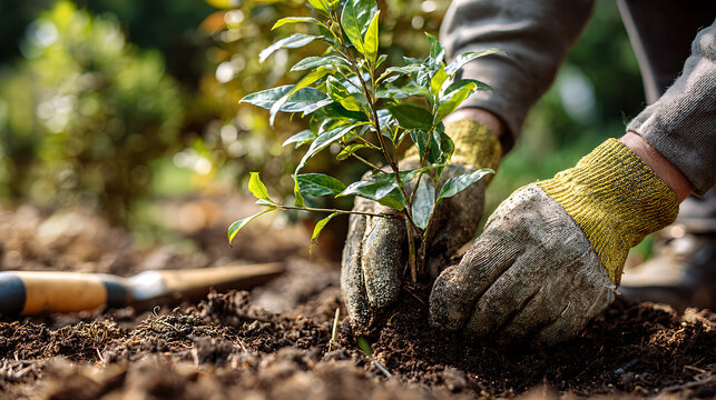 Hands plant young tree in rich soil. Gloved fingers gently hold sapling's roots. Sunlit garden bed holds soft earth. Green leaves reach toward bright sky. Trowel rests beside freshly tilled ground