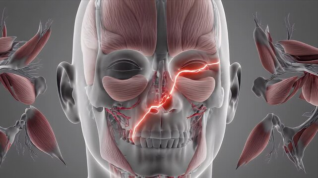 Detailed 3D Medical Animation of Human Head Anatomy Showing Facial Muscles Arteries And Nerves With Red Electrical Discharge Across The Eye Area For Scientific And Educational Use