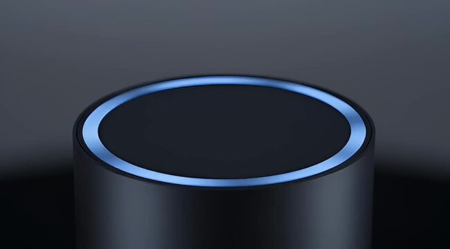 A close up of a smart speaker with a glowing blue ring, dark background