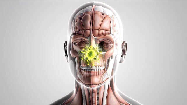 Detailed 3D Medical Animation of Nasal Cavity Infection Showing Virus Penetration and Inflammation on Gray Background with Subtle Lighting Accents