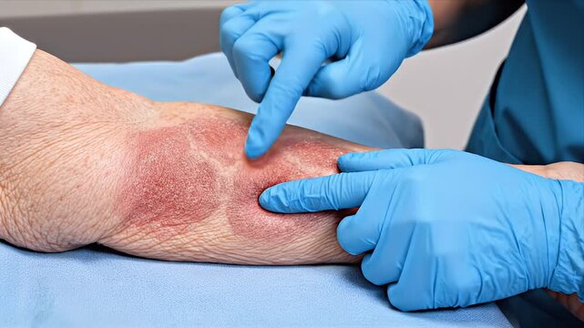 Medical Close-Up Of Mixed Age Patient Forearm Showing Skin Condition Examined By Gloved Hands In Clean Clinical Setting