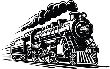 Vintage steam locomotive train vector illustration black and white retro railway engine transportation classic railroad travel industrial design © Sahariya