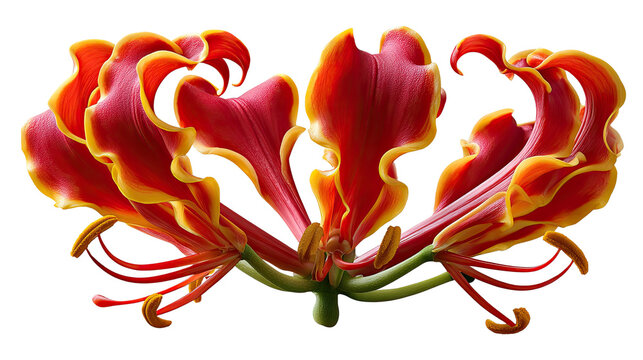 Gloriosa Lily's Fiery Bloom: A close-up showcases the exotic beauty of a Gloriosa lily in full bloom, its vibrant red and yellow petals unfurling in a display of natural artistry.
